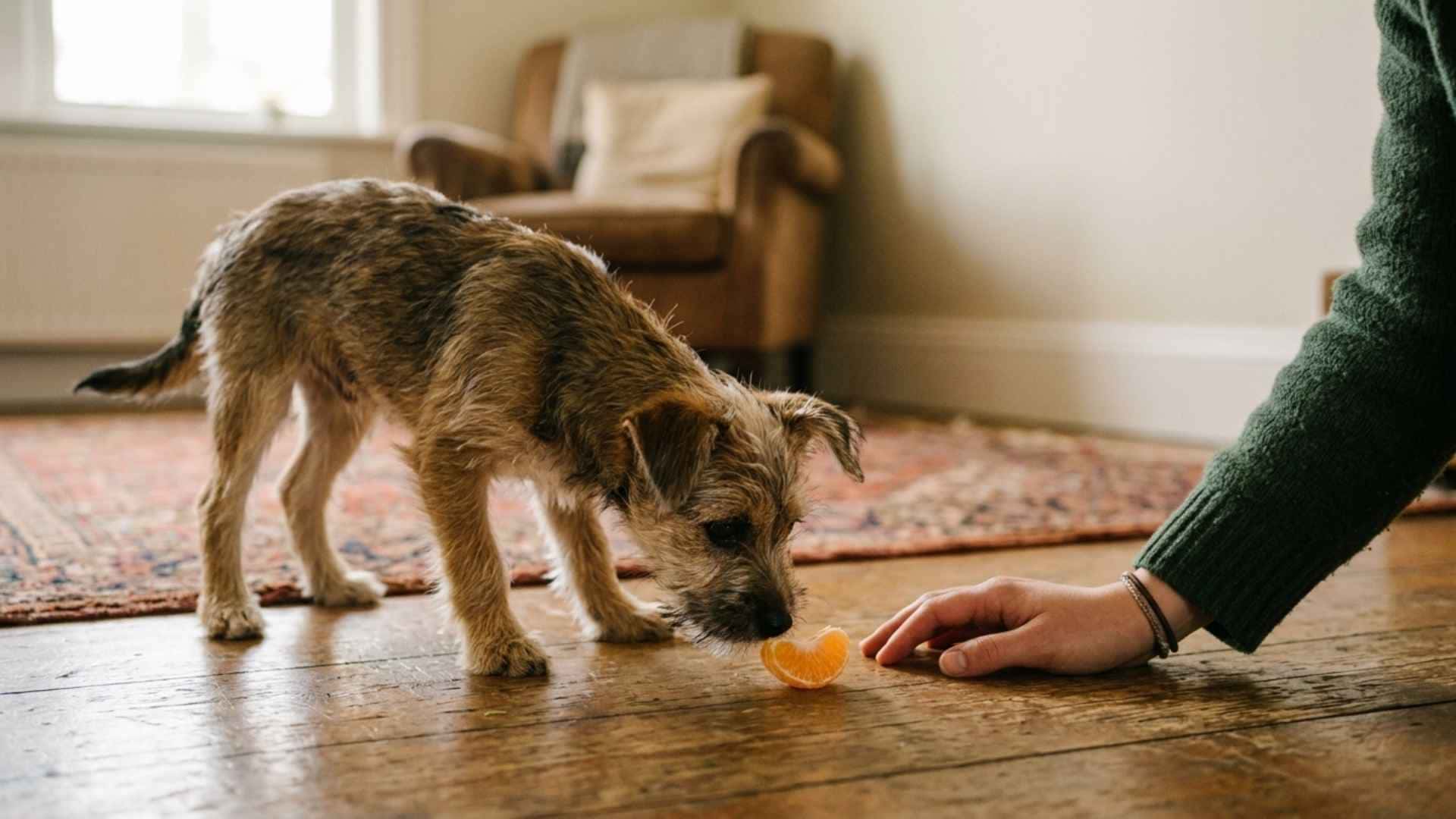 Perro oliendo una naranja